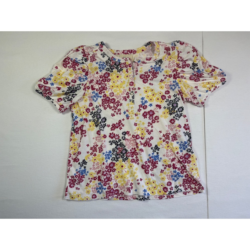 Style & Co Womens Large Floral Puff Short Sleeve Henley Top White Red Yellow L